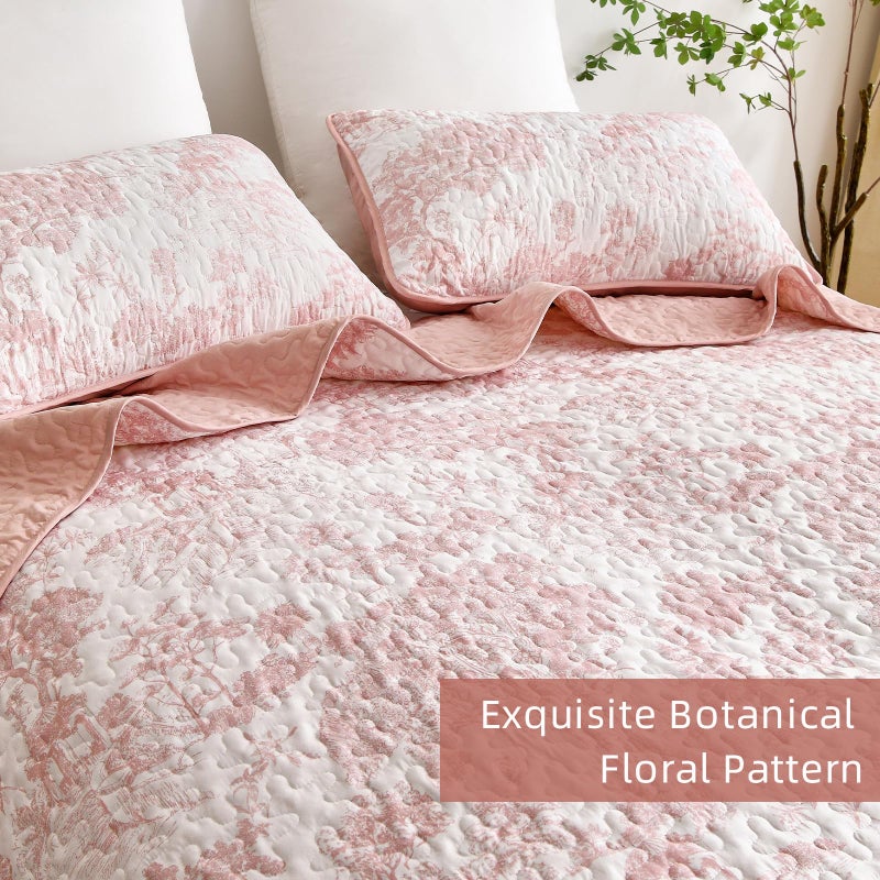 WONGS BEDDING Quilt Set King Size  3 Pieces Pink Floral Plants Printed Bedspread Coverlet Set Soft Lightweight Microfiber Botanical Bedding Set for All Season (104""x90"") - Image 5